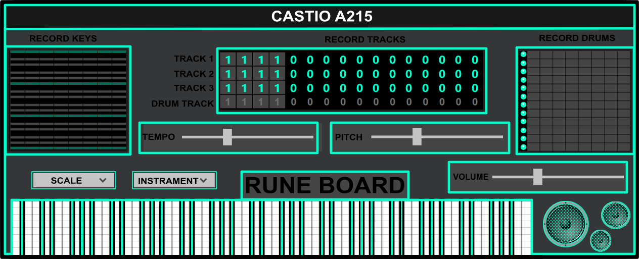 Castio A215 — Dark Grey Plastic Synth with Teal-Cyan Neon Glow